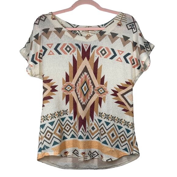 SAGE USA Cream Red Gold Peach Southwestern Print Short Sleeve Blouse Medium - Picture 1 of 8